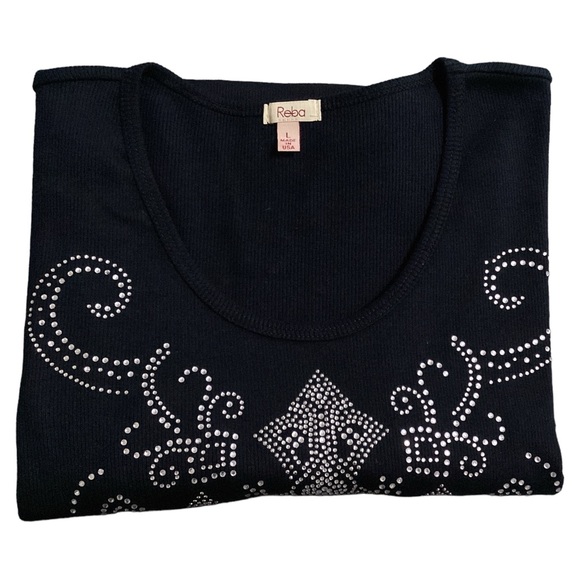 Reba Front & Back Rhinestone Cross Long Sleeves Round Neck Black Tee Shirt Sz LG - Picture 10 of 11